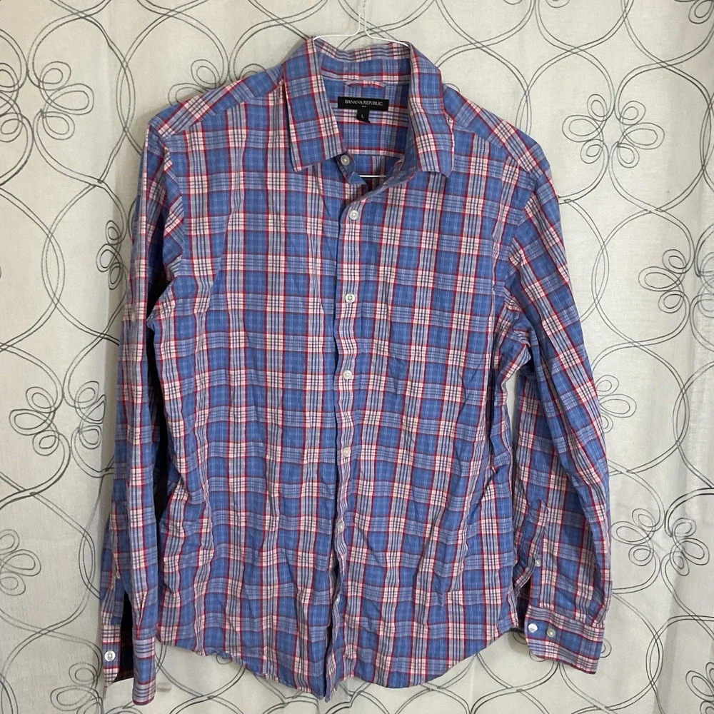 Men's Banana Republic Blue Red Plaid Shirt Button Up Long Sleeve Size Large